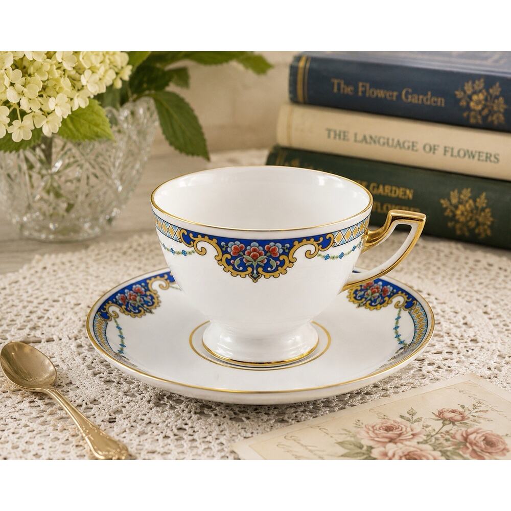 Thomas Bavaria Demitasse Cup & Saucer Blue Floral Gold Trim German Porcelain